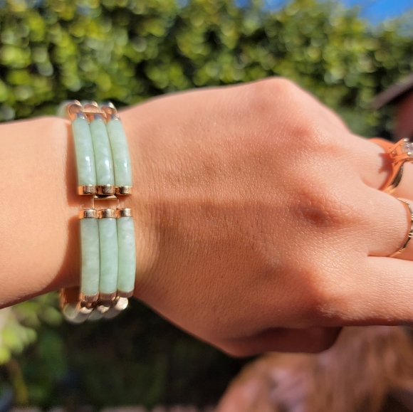 Triple Row Real Jade 14k Solid Gold Bracelet - Picture 6 of 6